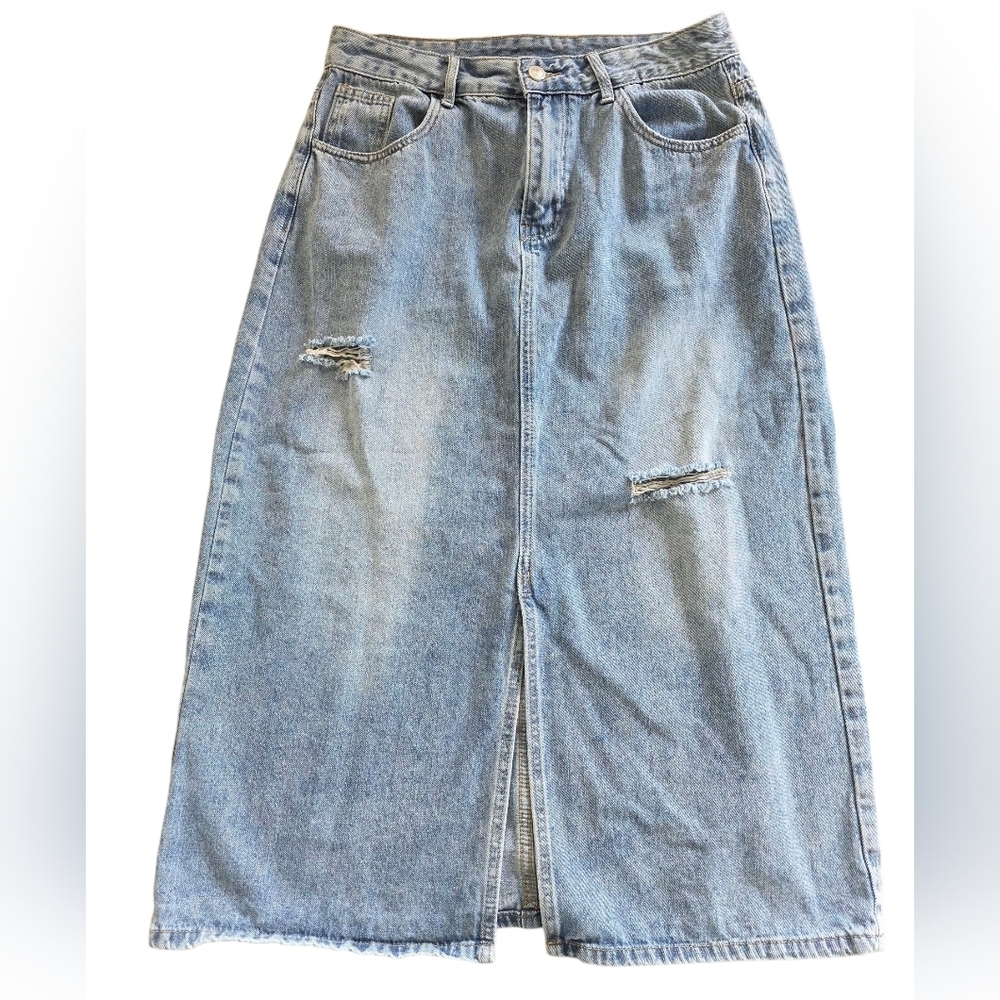Princess Polly Light Blue Distressed Denim Midi Skirt Size 14